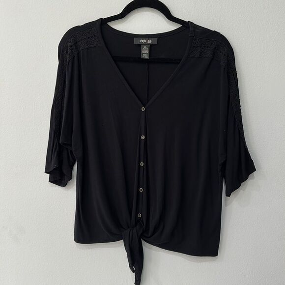 Style&Co Short Sleeve Black Button Down Front Tie Top Sz PL - Picture 1 of 10